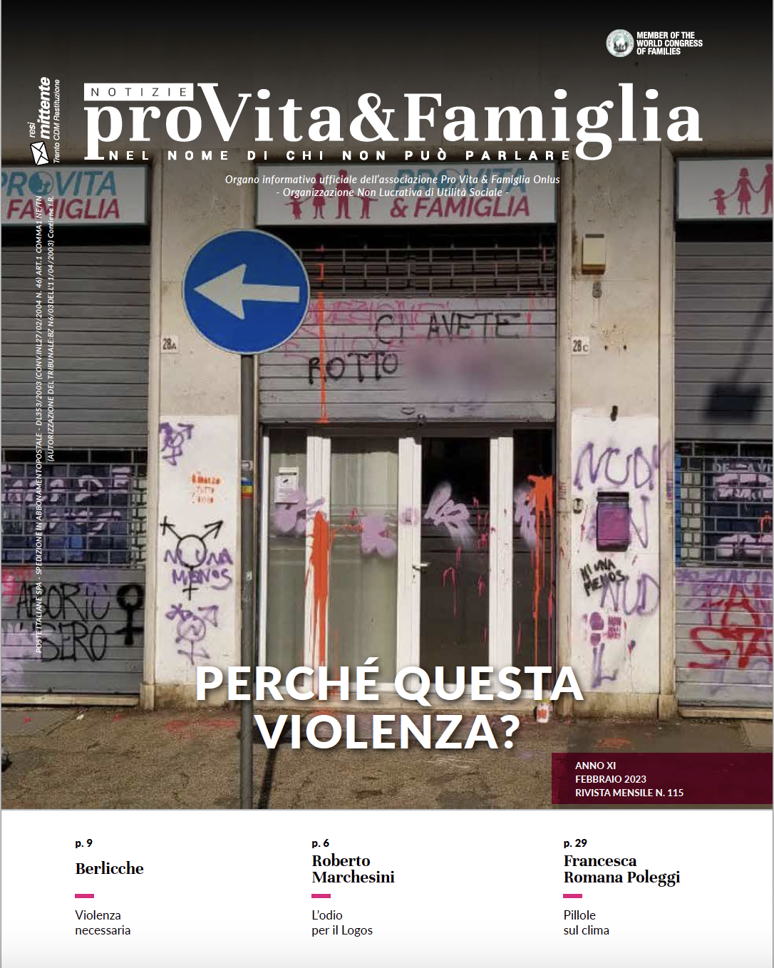 copertina NPVF 115: sede Provita & Famiglia imbrattata - perché questa violenza?